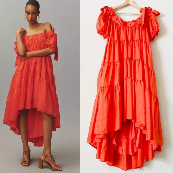 Anthropologie Dresses & Skirts - By Anthropologie SMALL off the shoulder tiered high low midi dress dark orange
